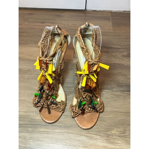 Jimmy Choo RIS Style Macrame Brown Heels With Multi-Color Beaded Accent Size 10 - Picture 4 of 10